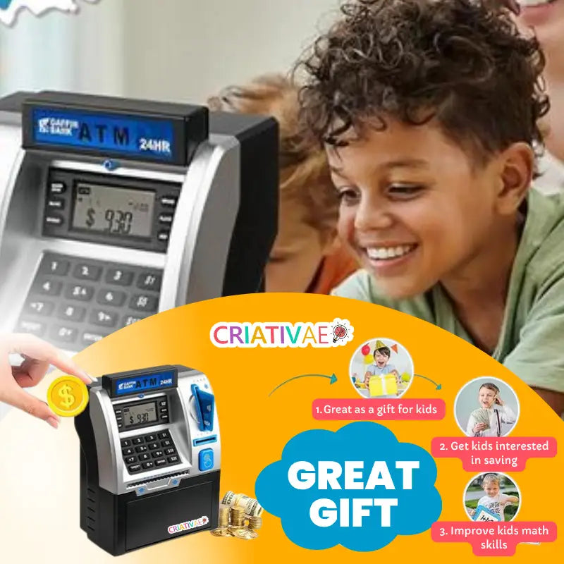 Kids ATM Piggy Bank Toy - Electronic Money Safe with Password & Automatic Bill Scroll for Boys and Girls | CRIATIVAE