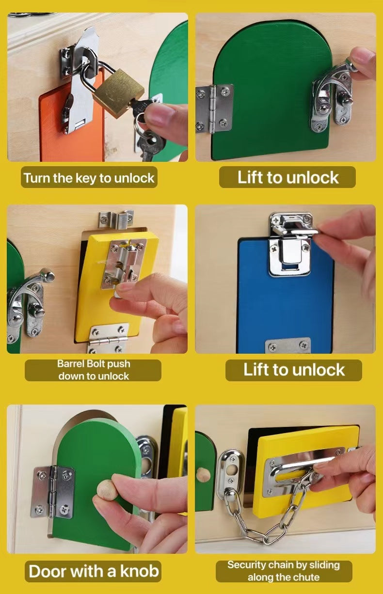 Cofre del tesoro de madera Montessori con 10 puertas con pestillo y cerradura: un juguete educativo atractivo