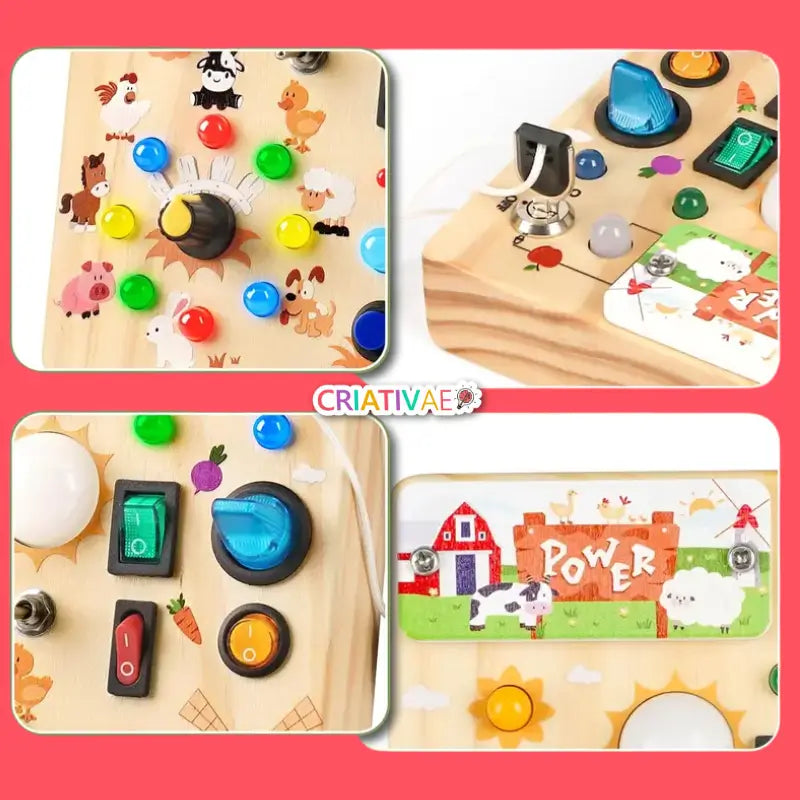 Farm-Themed Montessori Busy Board with LED Lights – Educational Wooden Toy