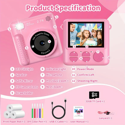 Kids Instant Print Camera – 1080P HD, 2,4" scherm, 32GB kaart en thermisch papier