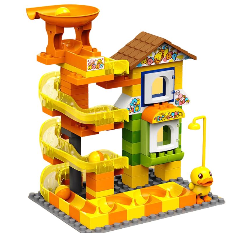 Juego de construcción de pista de bolas rodantes con forma de pato amarillo