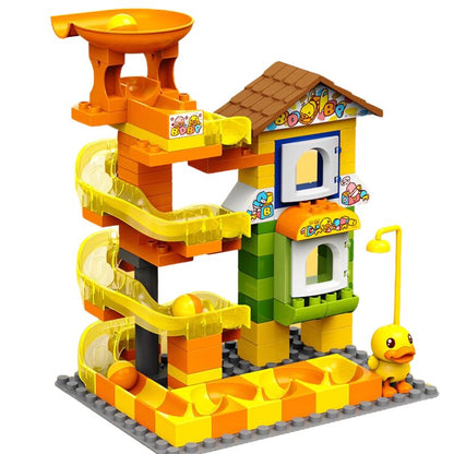 Juego de construcción de pista de bolas rodantes con forma de pato amarillo