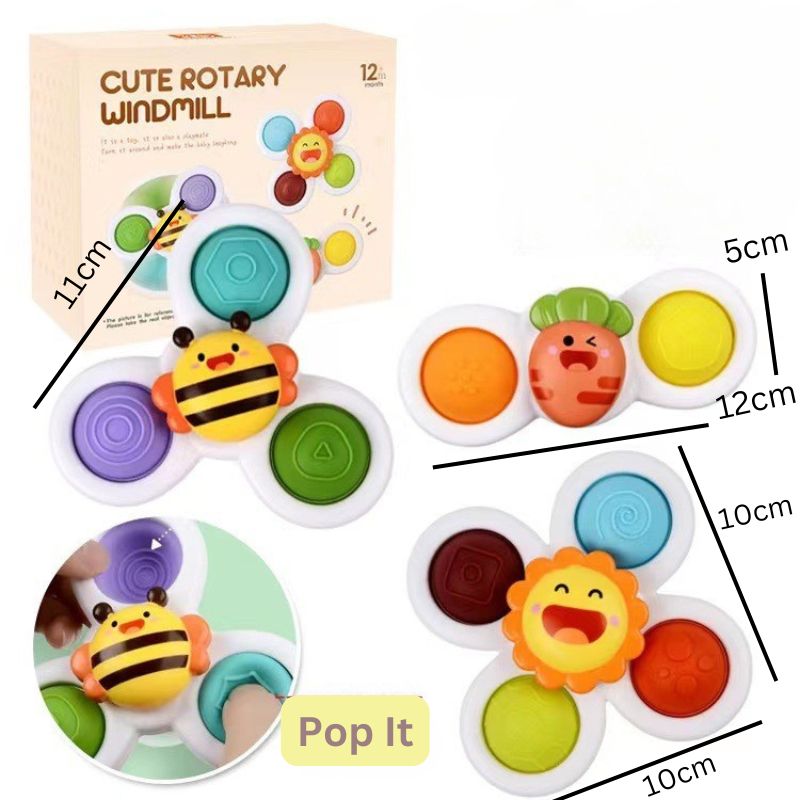 Set of 3 Pop It Spinners with Suction Cups for Travel and Bath Time Enjoyment