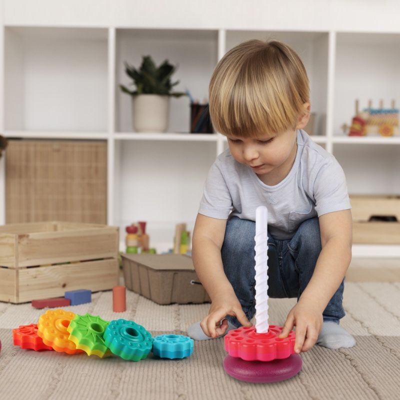 Farbenfrohes Stapel- und Drehturmspielzeug für Kleinkinder – 6 Scheiben für endlosen Spielspaß