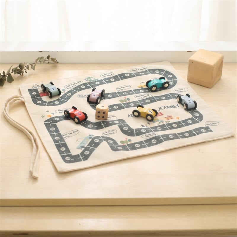 Versatile Dual-Sided Roll-Up Canvas Playmat with Wooden Cars and Adventure Game