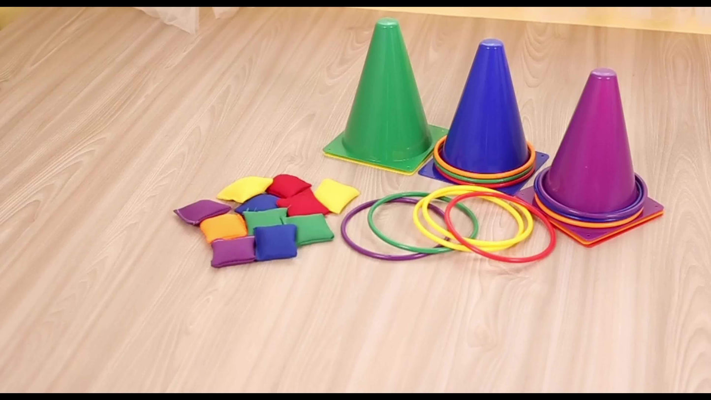 Juego de lanzamiento de aros y conos de colores: kit de actividades para exteriores e interiores