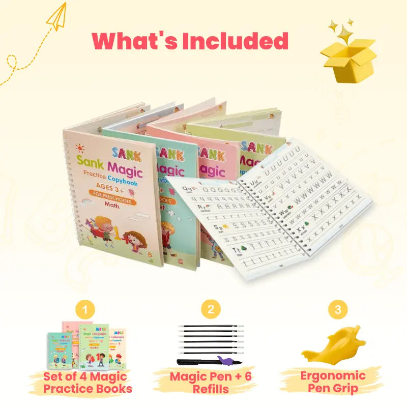 What's included in the Magic Books Criativae kit: 4 practice books, magic pen with 6 refills and ergonomic pen grip