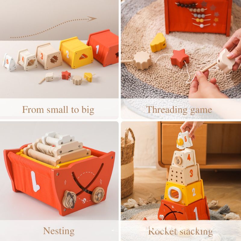 Montessori-Inspired Interactive Wooden Stacking and Nesting Pyramid Blocks