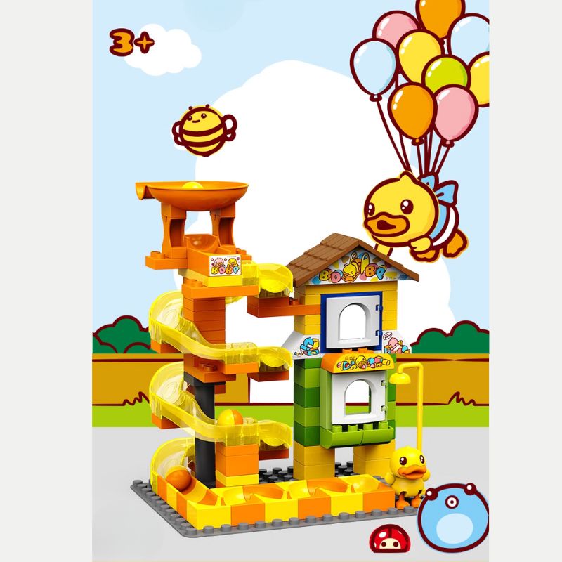 Juego de construcción de pista de bolas rodantes con forma de pato amarillo