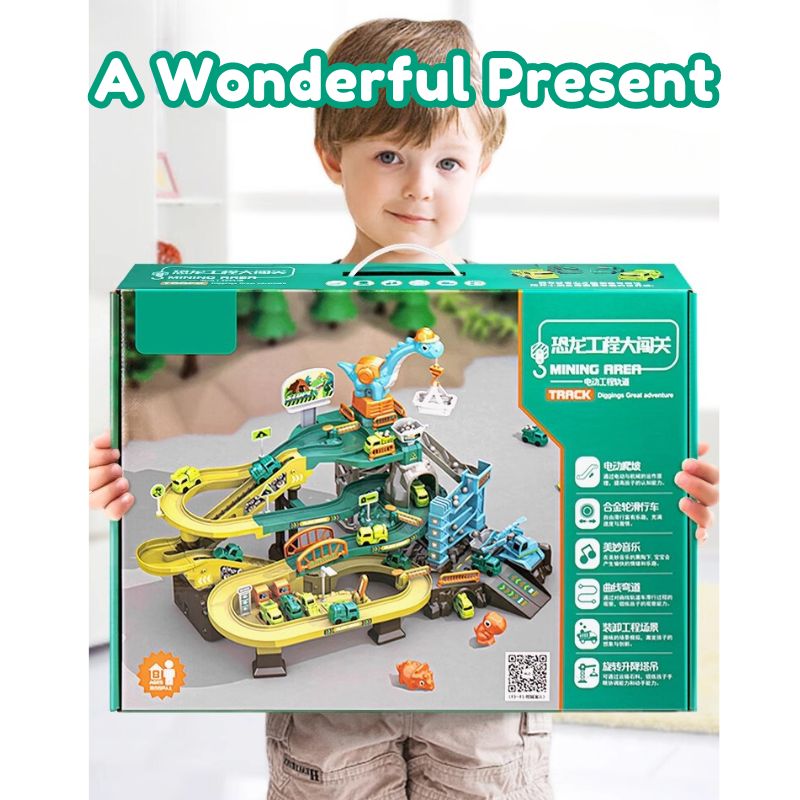 Dinosaur-Themed Construction Site Track Set with Motorized Escalator