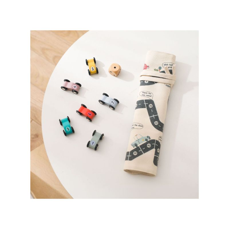 Versatile Dual-Sided Roll-Up Canvas Playmat with Wooden Cars and Adventure Game