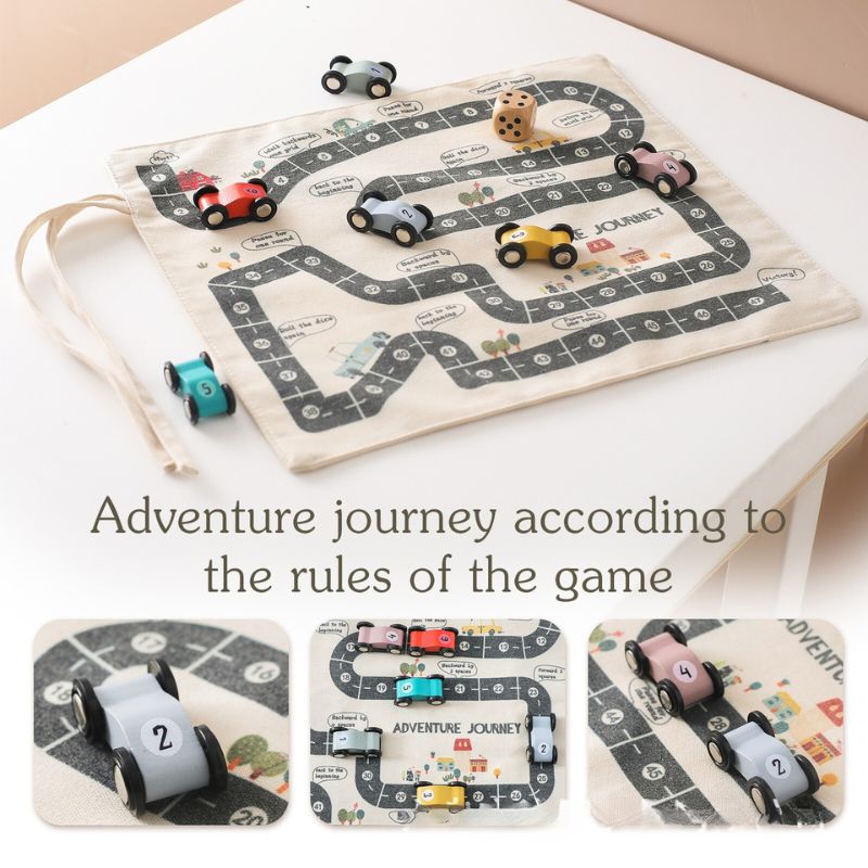 Versatile Dual-Sided Roll-Up Canvas Playmat with Wooden Cars and Adventure Game