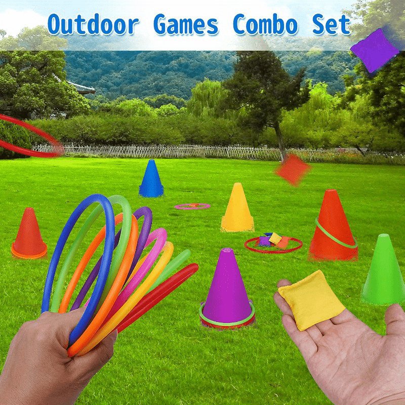 Juego de lanzamiento de aros y conos de colores: kit de actividades para exteriores e interiores