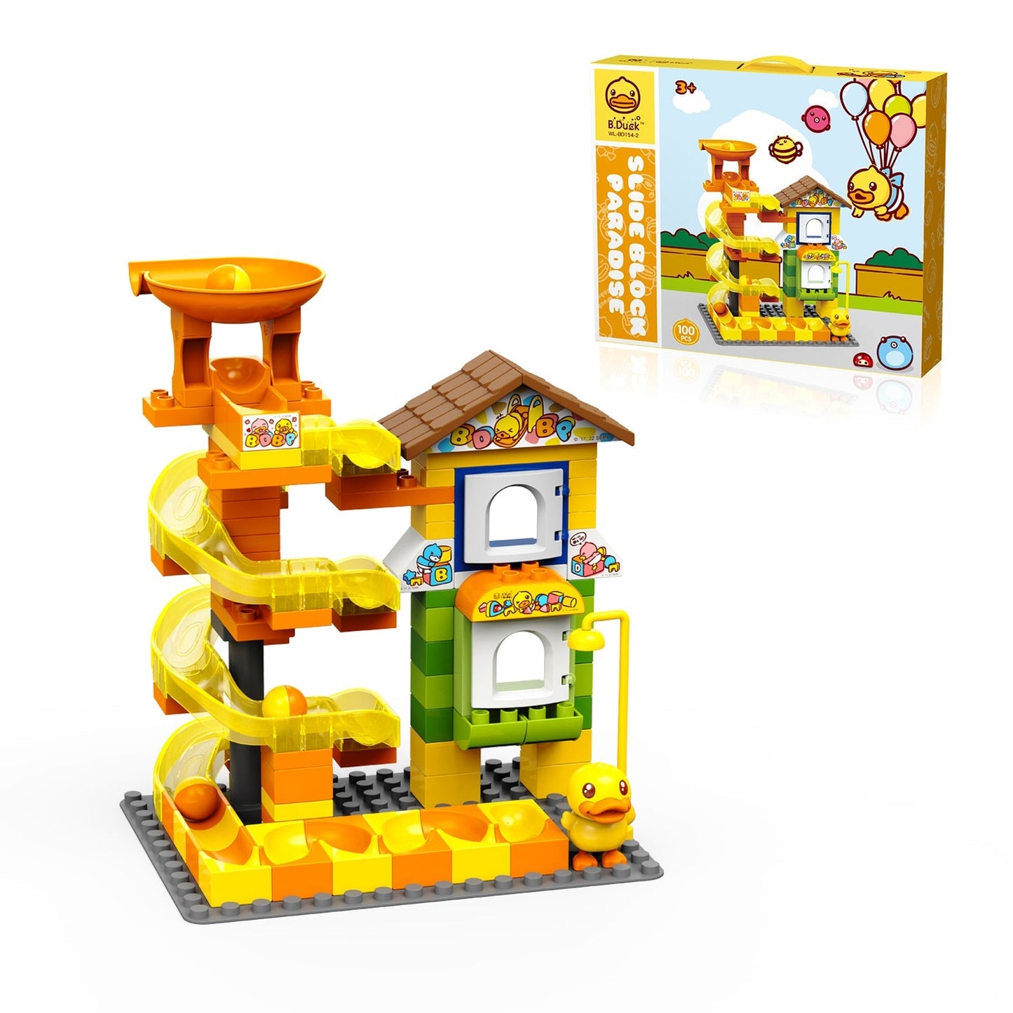 Juego de construcción de pista de bolas rodantes con forma de pato amarillo