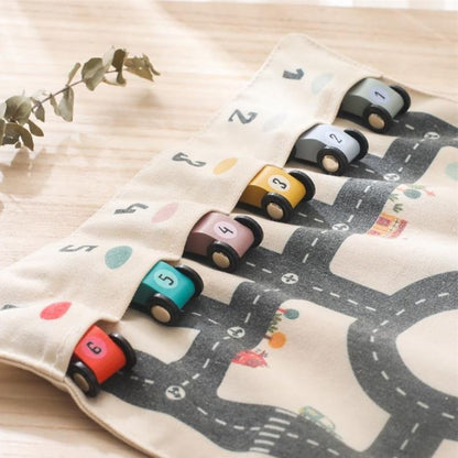 Versatile Dual-Sided Roll-Up Canvas Playmat with Wooden Cars and Adventure Game