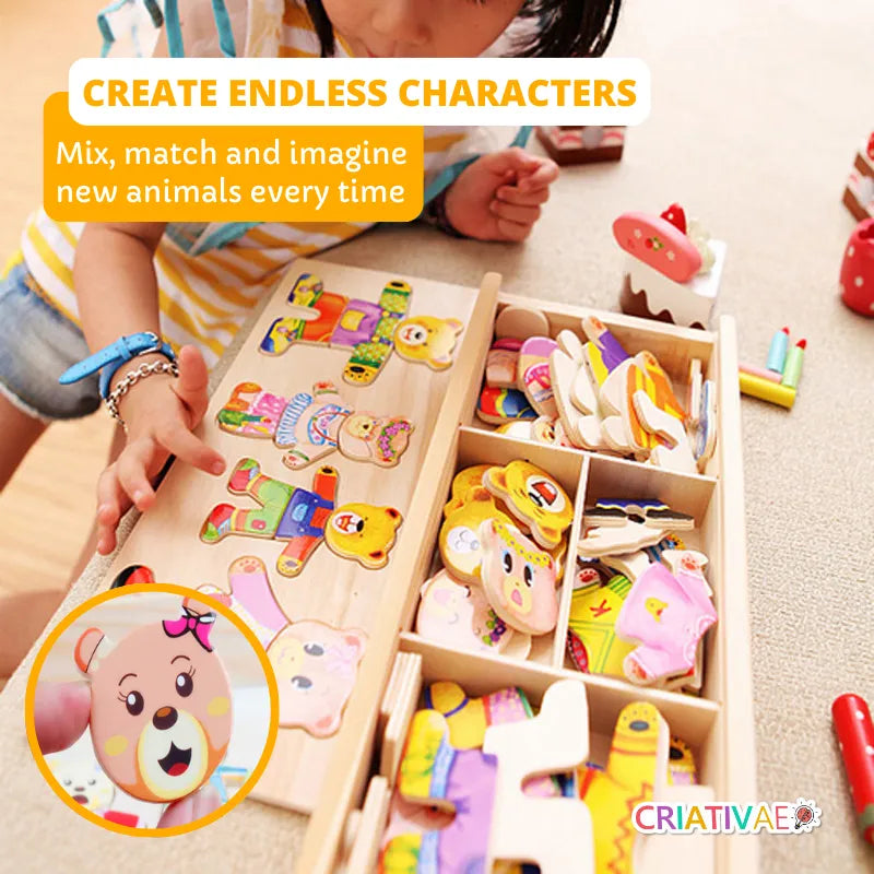 Wooden Dress-Up Animal Puzzle for Kids – 72-Piece Creative Learning Game for Fine Motor Skills & Cognitive Development | CRIATIVAE