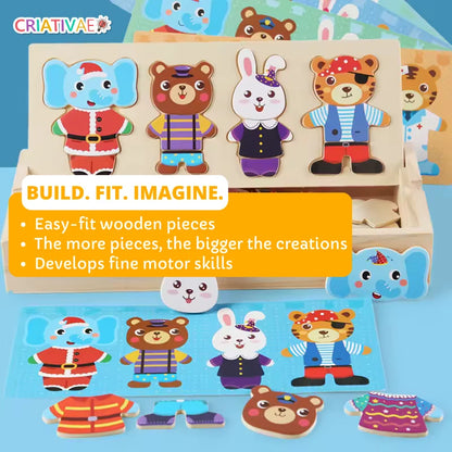 Wooden Dress-Up Animal Puzzle for Kids – 72-Piece Creative Learning Game for Fine Motor Skills & Cognitive Development | CRIATIVAE