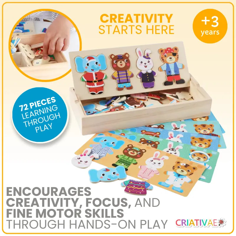 Wooden Dress-Up Animal Puzzle for Kids – 72-Piece Creative Learning Game for Fine Motor Skills & Cognitive Development | CRIATIVAE