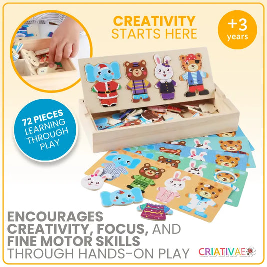 Wooden Dress-Up Animal Puzzle for Kids – 72-Piece Creative Learning Game for Fine Motor Skills & Cognitive Development | CRIATIVAE