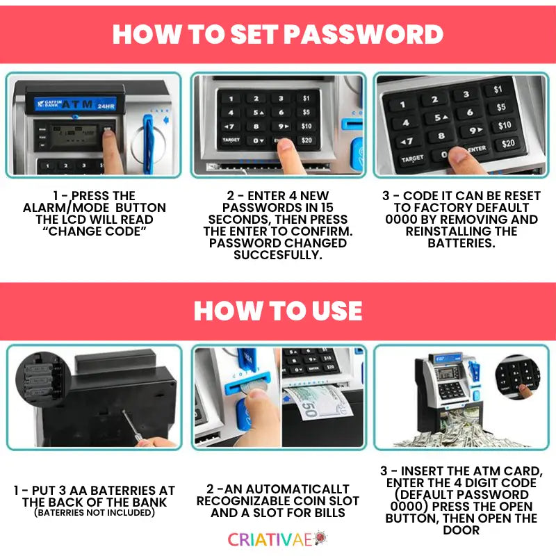 Kids ATM Piggy Bank Toy - Electronic Money Safe with Password & Automatic Bill Scroll for Boys and Girls | CRIATIVAE