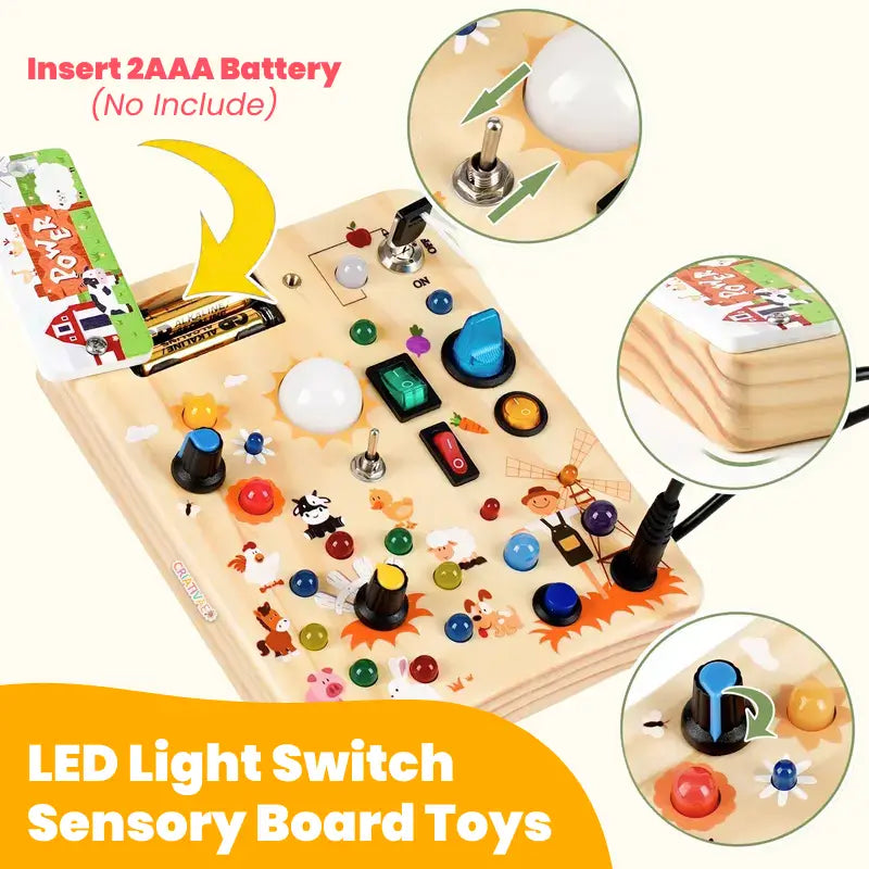 Farm-Themed Montessori Busy Board with LED Lights – Educational Wooden Toy