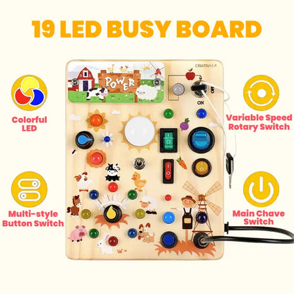 Farm-Themed Montessori Busy Board with LED Lights – Educational Wooden Toy