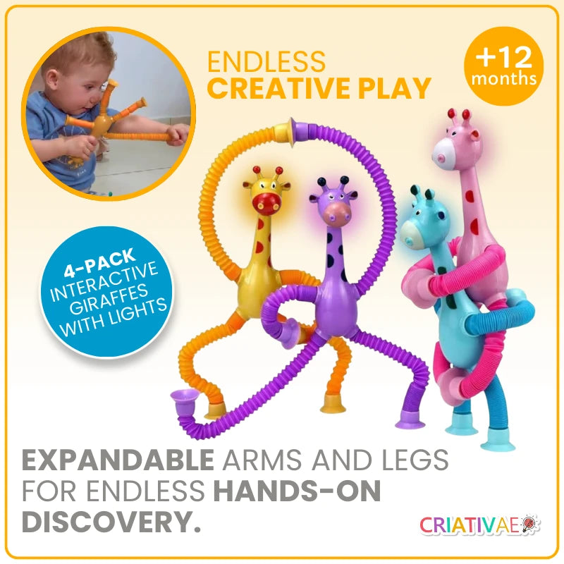 4-Pack Telescopic Suction Cup Giraffe Toys for Toddlers | Sensory Stretch & Pop Fidget Set | Fine Motor Skills Development | CRIATIVAE