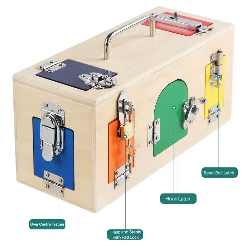 Montessori houten schatkist met 10 grendel- en slotdeuren - Interactief leerspeelgoed