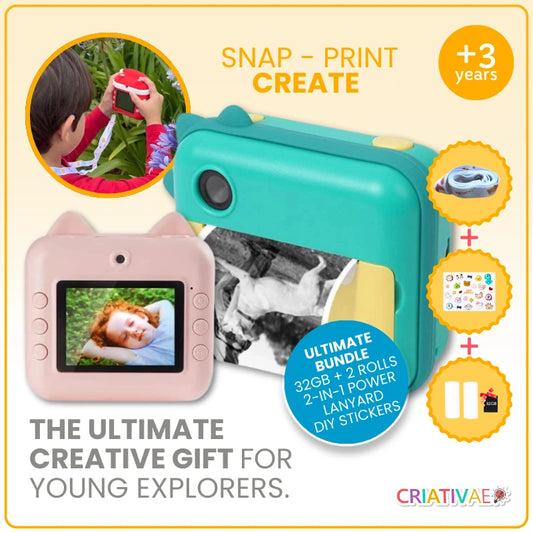 Instant Print Camera for Kids | 1080P HD Video, 2.4" Screen & Zero-Ink Thermal Printing (32GB Card Included) | CRIATIVAE