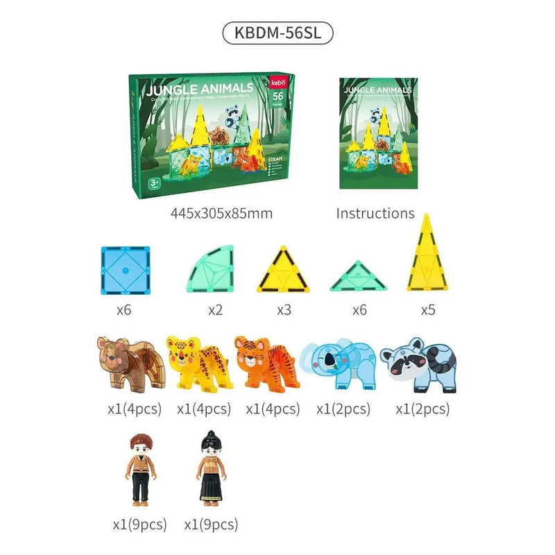 KEBO 56-Piece Magnetic Tile Set: Prairie Animals Construction Blocks