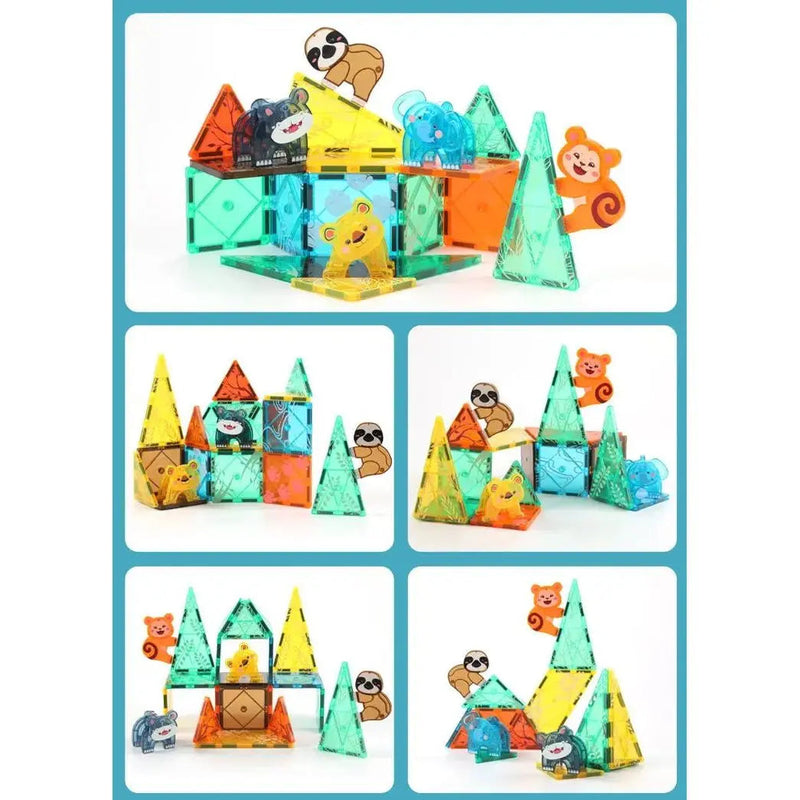 KEBO 56-Piece Magnetic Tile Set: Prairie Animals Construction Blocks