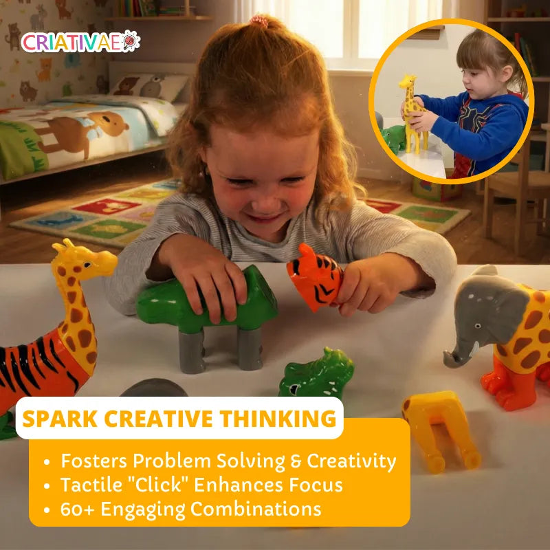 3D Magnetic Animal Building Blocks – 12 Piece Mix-and-Match STEM Toy for Toddlers & Kids: Elephant, Giraffe, Tiger, and Crocodile | CRIATIVAE