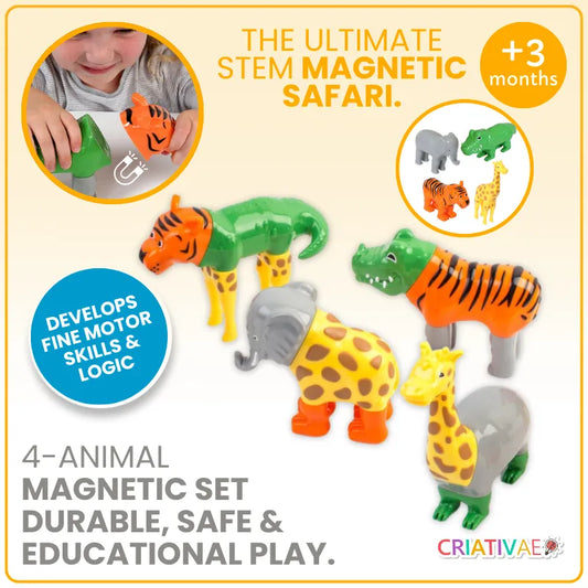 3D Magnetic Animal Building Blocks – 12 Piece Mix-and-Match STEM Toy for Toddlers & Kids: Elephant, Giraffe, Tiger, and Crocodile | CRIATIVAE