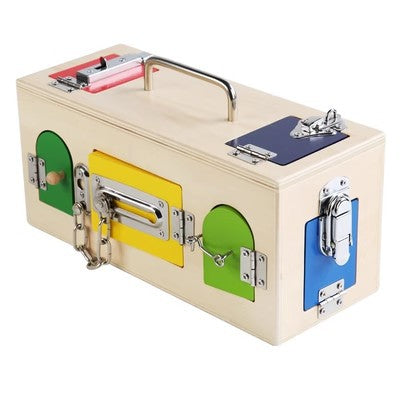 Montessori Wooden Treasure Box with 10 Latch and Lock Doors - Engaging Learning Toy