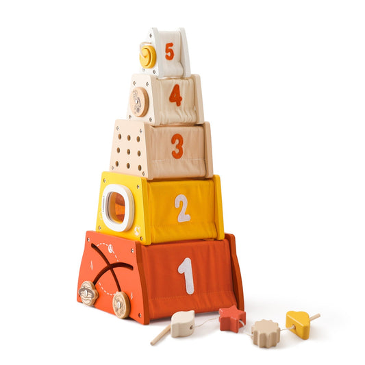 Interaktive Stapel- und Nestpyramiden aus Holz im Montessori-Stil