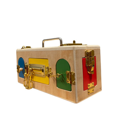 Montessori Wooden Treasure Box with 10 Latch and Lock Doors - Engaging Learning Toy