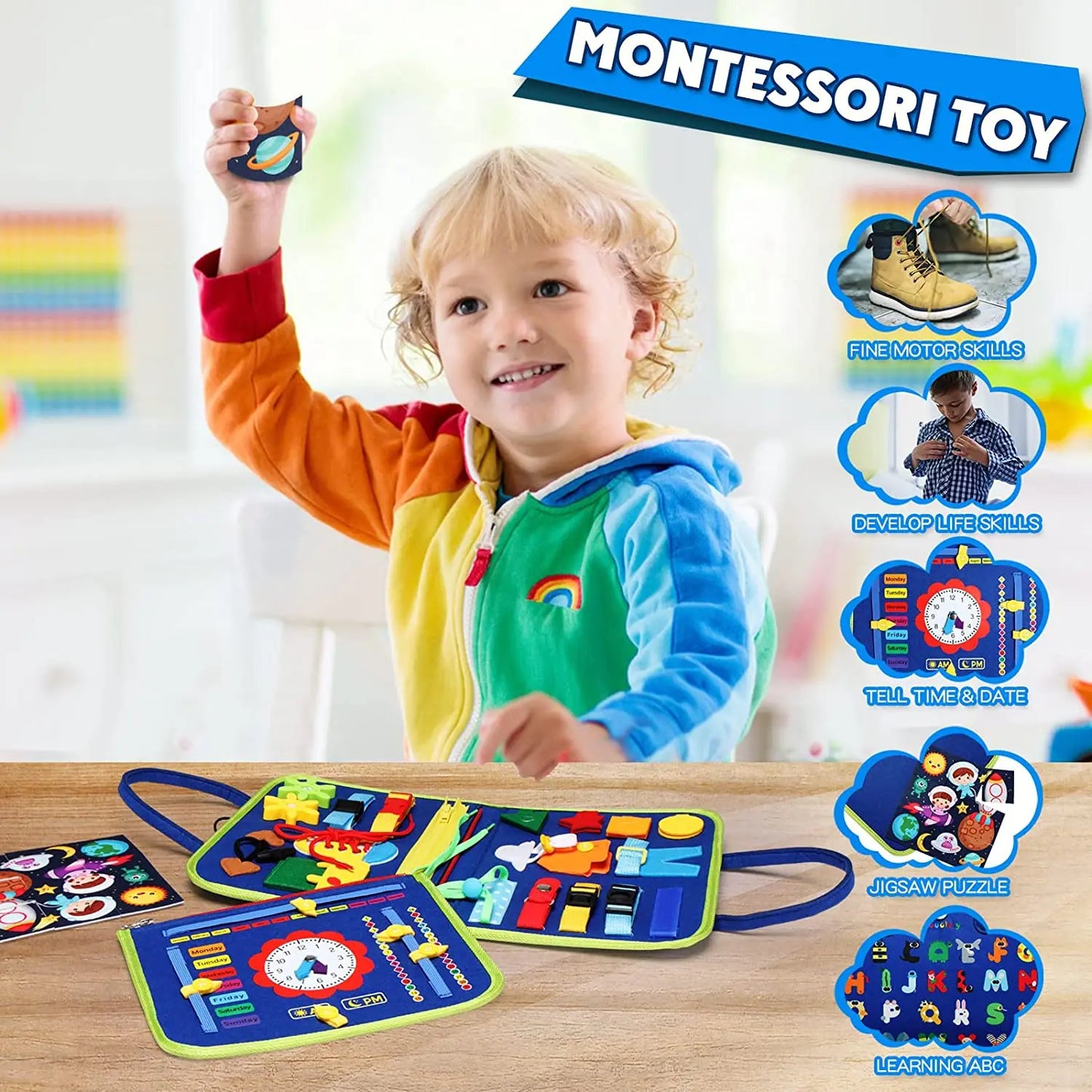 Montessori Busy Board for Toddlers – Sensory Learning Toy with 16 Activities