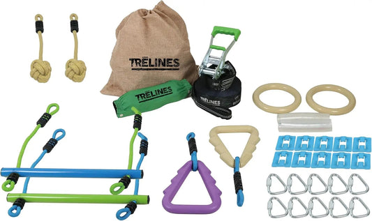 Carrera de obstáculos Trelines Ninja Warrior para niños: emocionante aventura en el patio trasero con 8 obstáculos ninja que incluyen barras de mono, anillos de gimnasio, anillos de árboles y puños. ¡Perfecta para niños y niñas de 5 años en adelante!