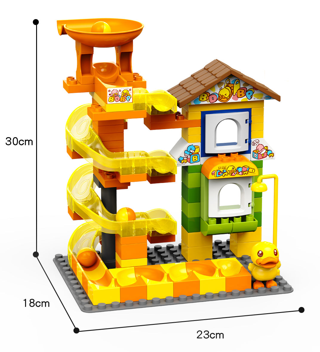 Juego de construcción de pista de bolas rodantes con forma de pato amarillo