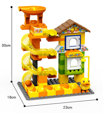 Juego de construcción de pista de bolas rodantes con forma de pato amarillo