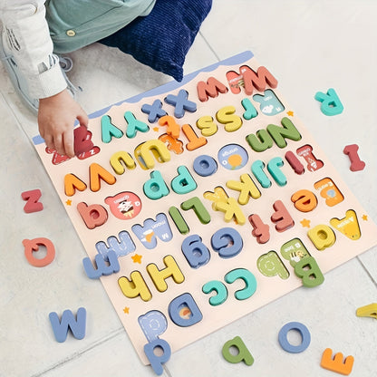 Alfabetpuzzelbord - 52 houten letters voor kleuters