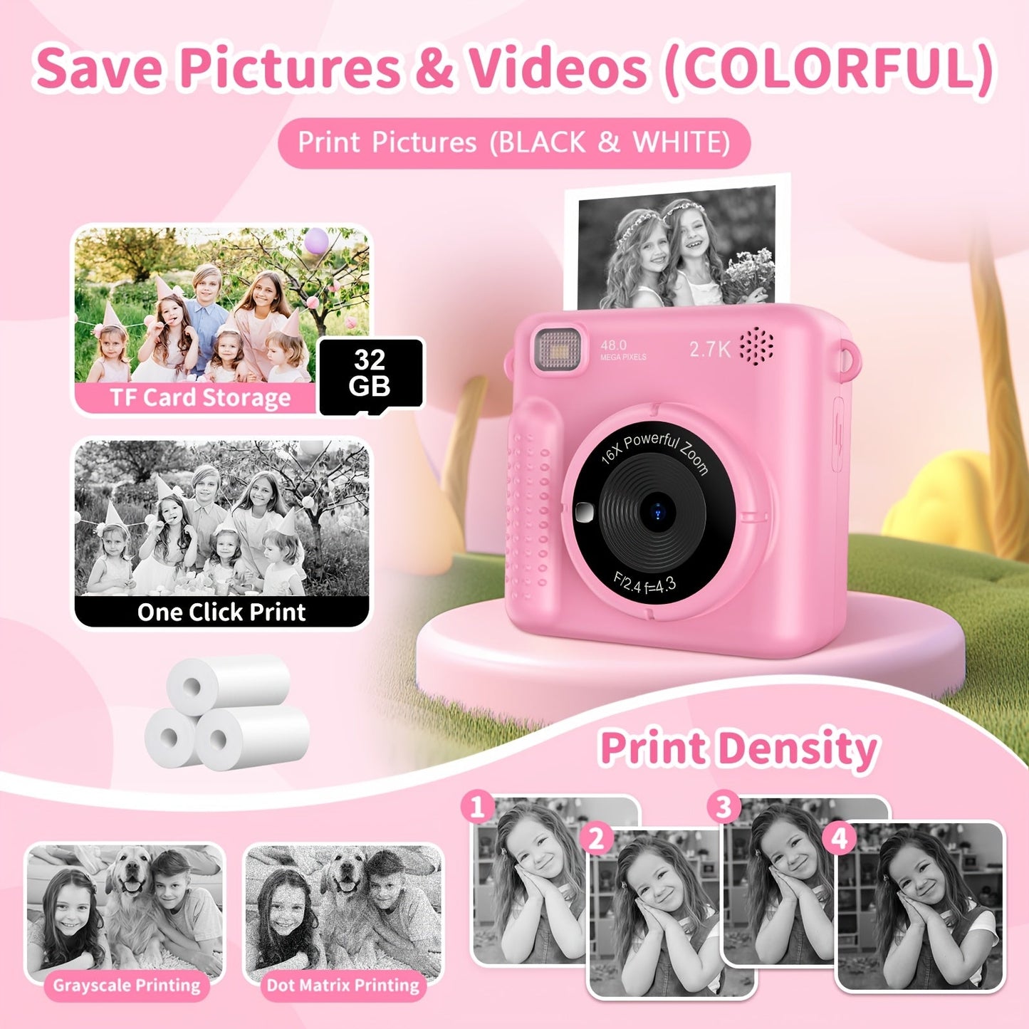 Kids Instant Print Camera – 1080P HD, 2,4" scherm, 32GB kaart en thermisch papier