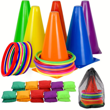 Juego de lanzamiento de aros y conos de colores: kit de actividades para exteriores e interiores