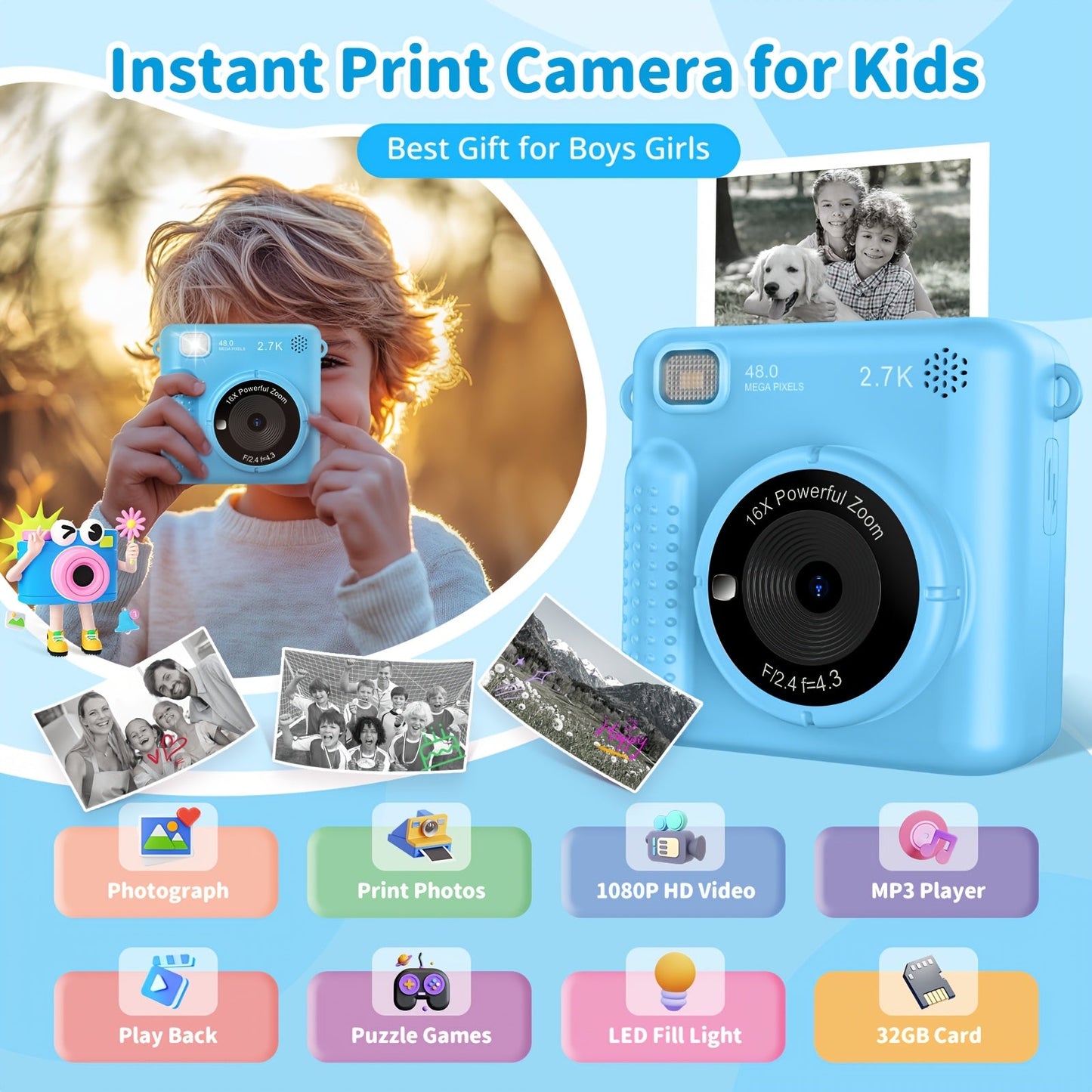 Kids Instant Print Camera – 1080P HD, 2,4" scherm, 32GB kaart en thermisch papier