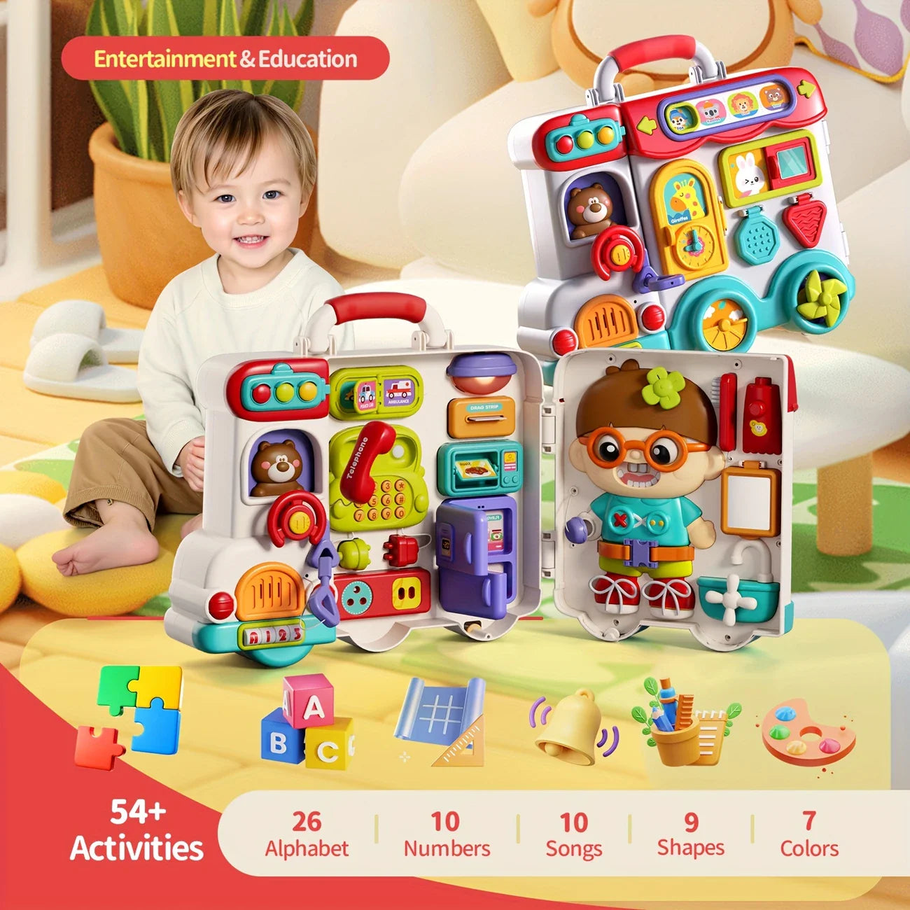 Busy Board for Kids – 54-in-1 Sensory Activity Toy with Lights & Sounds
