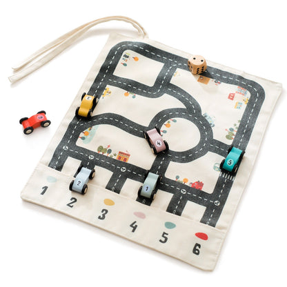 Versatile Dual-Sided Roll-Up Canvas Playmat with Wooden Cars and Adventure Game
