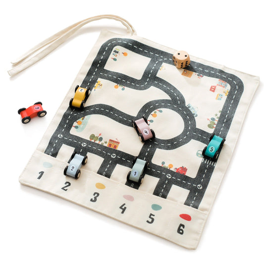 Vielseitige, doppelseitige Roll-Up-Spielmatte aus Canvas mit Holzautos und Abenteuerspiel
