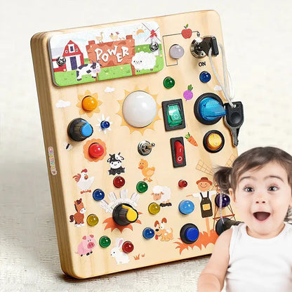 Farm-Themed Montessori Busy Board with LED Lights – Educational Wooden Toy