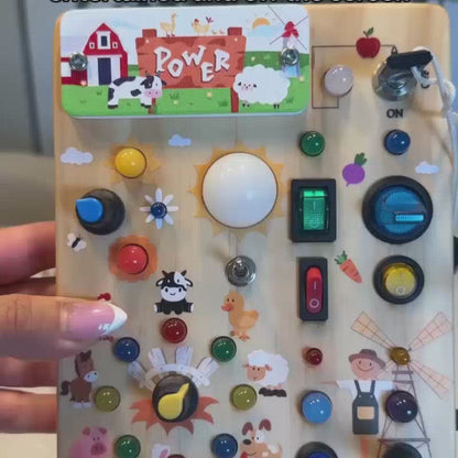 Farm-Themed Montessori Busy Board with LED Lights – Educational Wooden Toy