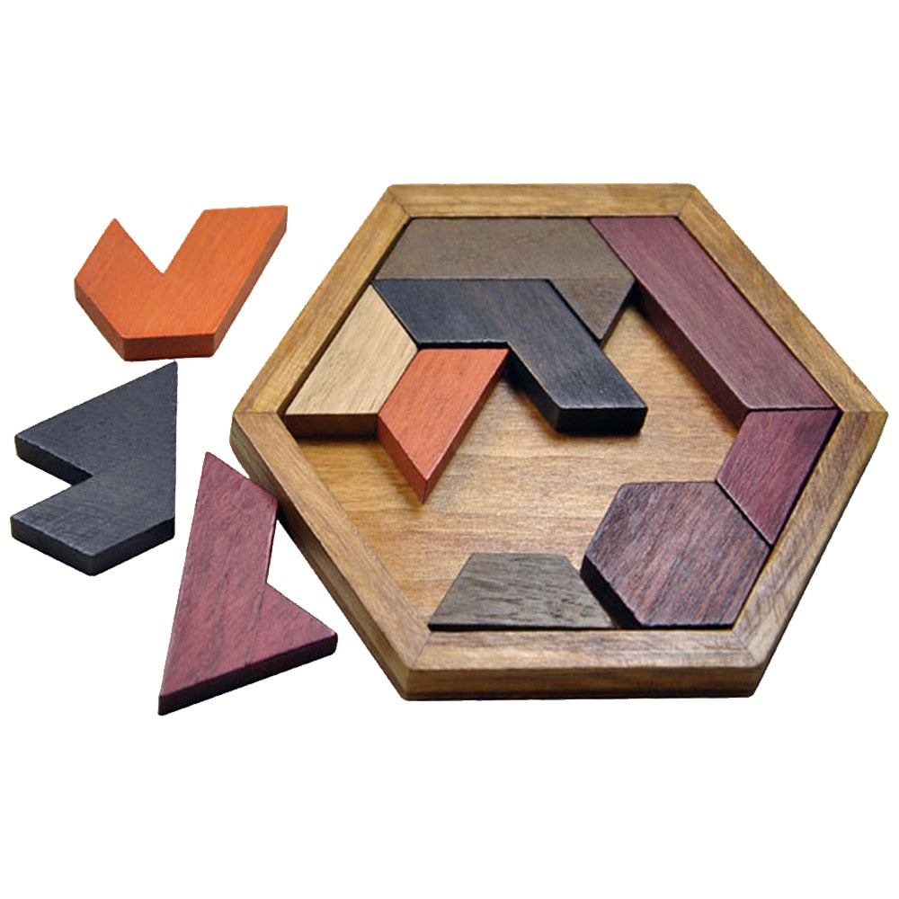 Mini zeshoekige houten Tetris-puzzel voor kinderen - DIY 3D-hersenspel met rubberen houten stenen